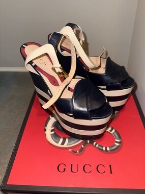 Gucci Navy and Cream Striped Platform Wedges